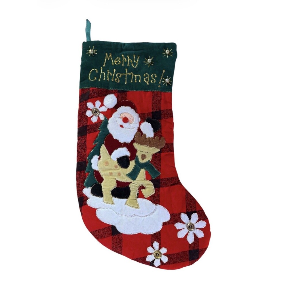 Christmas Stocking Quilt Appliqué Santa & Deer Red & Black Plaid Merry Christmas